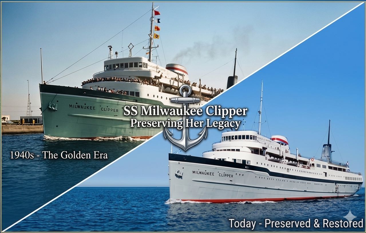 Milwaukee Clipper with it’s original green colors and then later with gray - collage image